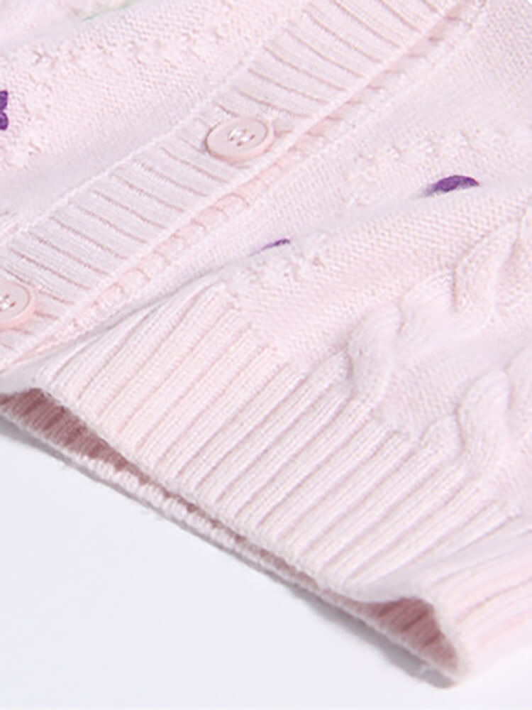 Girls Light Pink Floral Embroidered Cable Knit Cashmere Cardigan